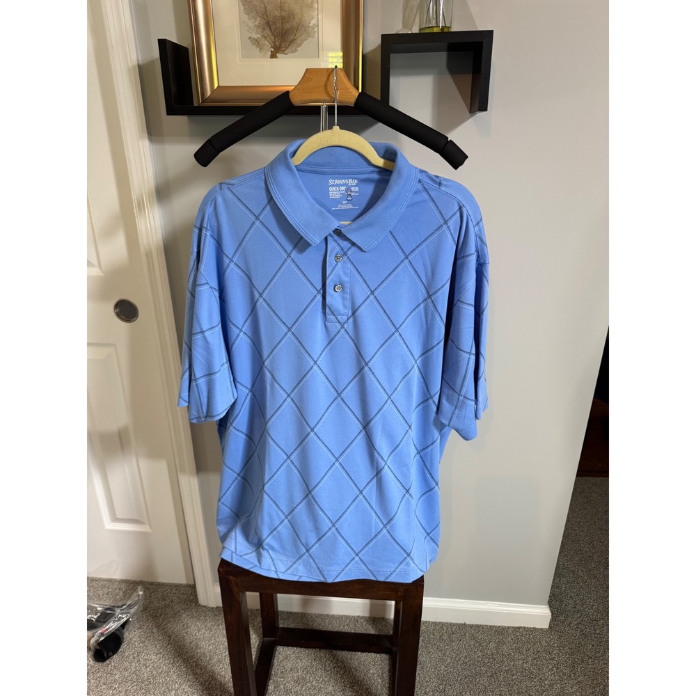 St Johns Bay Mens 2XLT Quick-Dri Polo Shirt Blue Diamond Grid Performance Tall